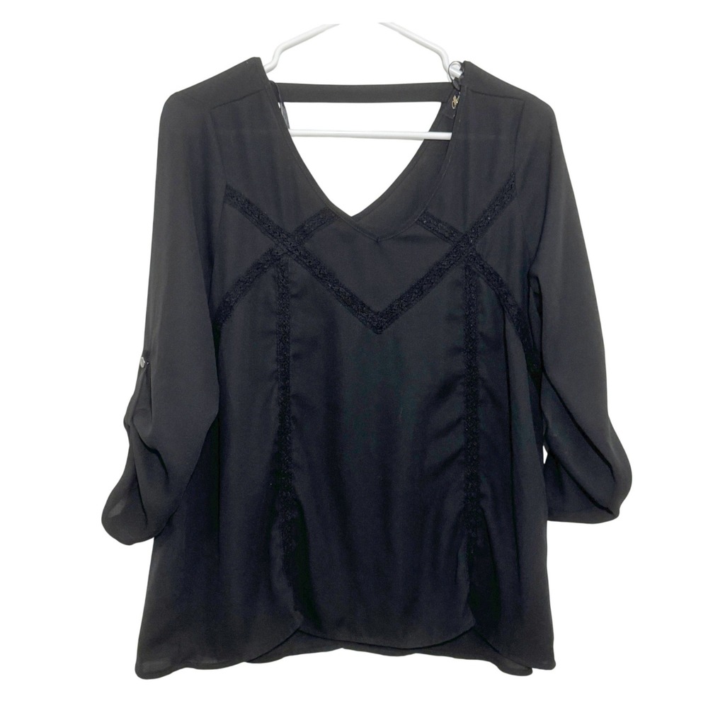 Monteau Blouse Black Lace Crochet Roll-Tab Sleeve Women Medium Business Casual